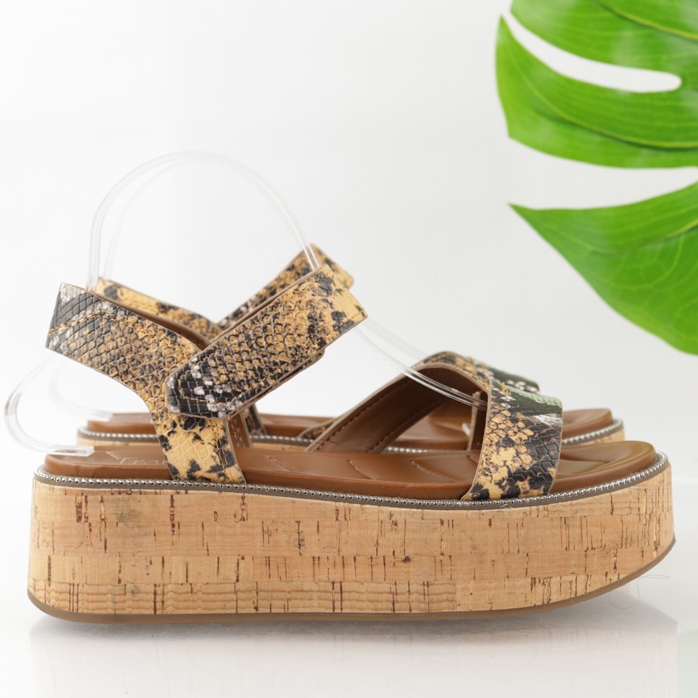 Franco Sarto Womens Ozio Sandals Size 8.5 Brown Snake Cork Wedge Platform Shoes